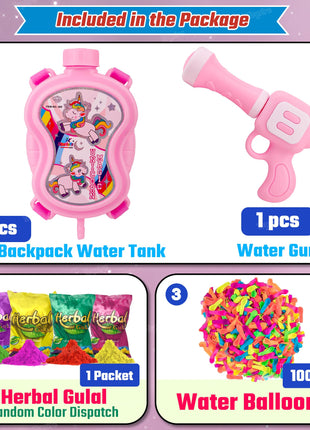 Zest 4 Toyz Holi Water Pichkari for Kids Unicorn Back Holding Tank Water Gun with 100 Water Balloons and Herbal Gulal for Holi Celebration 