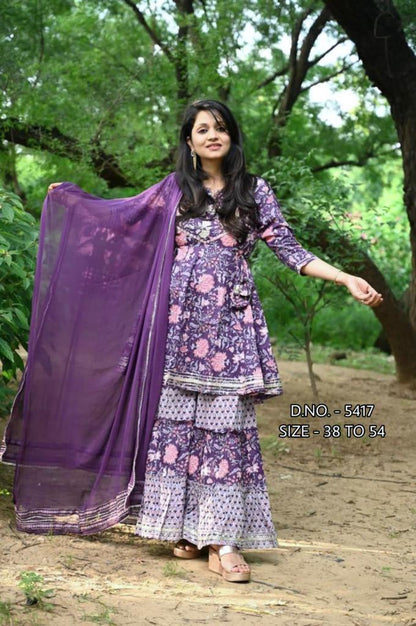 Pure Cotton Cambric Hand Block Printed Fabric Anarkali Kurti and Flared Sharara With Heavy Gotta Detailing with Chiffon Dupatta SELECT