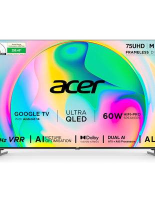 acer 189 cm (75 inches) Super Series 4K Ultra HD Smart QLED Google TV AR75QDXGU2875AT (Black) 2024 Model 