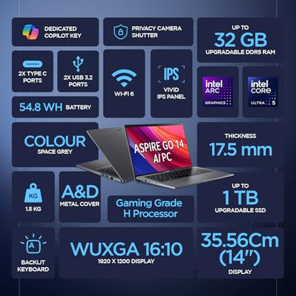 acer Aspire Go 14, Intel Core Ultra 5 125H (14th Gen),16GB DDR5 RAM/1TB SSD, WUXGA IPS, 14.0"/35.56 cm, Win 11, MS Office, Steel Gray, 1.5 kg, AG14-71M,Backlit Keyboard, AI Powered Premium Laptop 