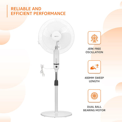 amazon basics High-Speed Oscillating Pedestal Fan I 3 Adjustable Fan Speeds | Rust Resistant Body, Adjustable Length | RPM 2200 | 400mm Sweep Length (White) 