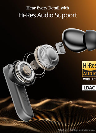 boAt Airdopes 800 HiDef, Hi-Res Audio LDAC, 4Mic ENx, App Support, ASAP Charge, IPX5, Low Latency, Dual Pairing, BTv5.3, Bluetooth TWS in Ear Earbuds Wireless Earphones (Graphite Grey) 