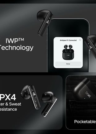 boAt Airdopes 91 Prime, 45HRS Battery, 13mm Drivers, Metallic Finish, Low Latency,ENx Tech, Fast Charge, v5.3 Bluetooth TWS in Ear Earbuds Wireless Earphones with mic (Midnight Black) 