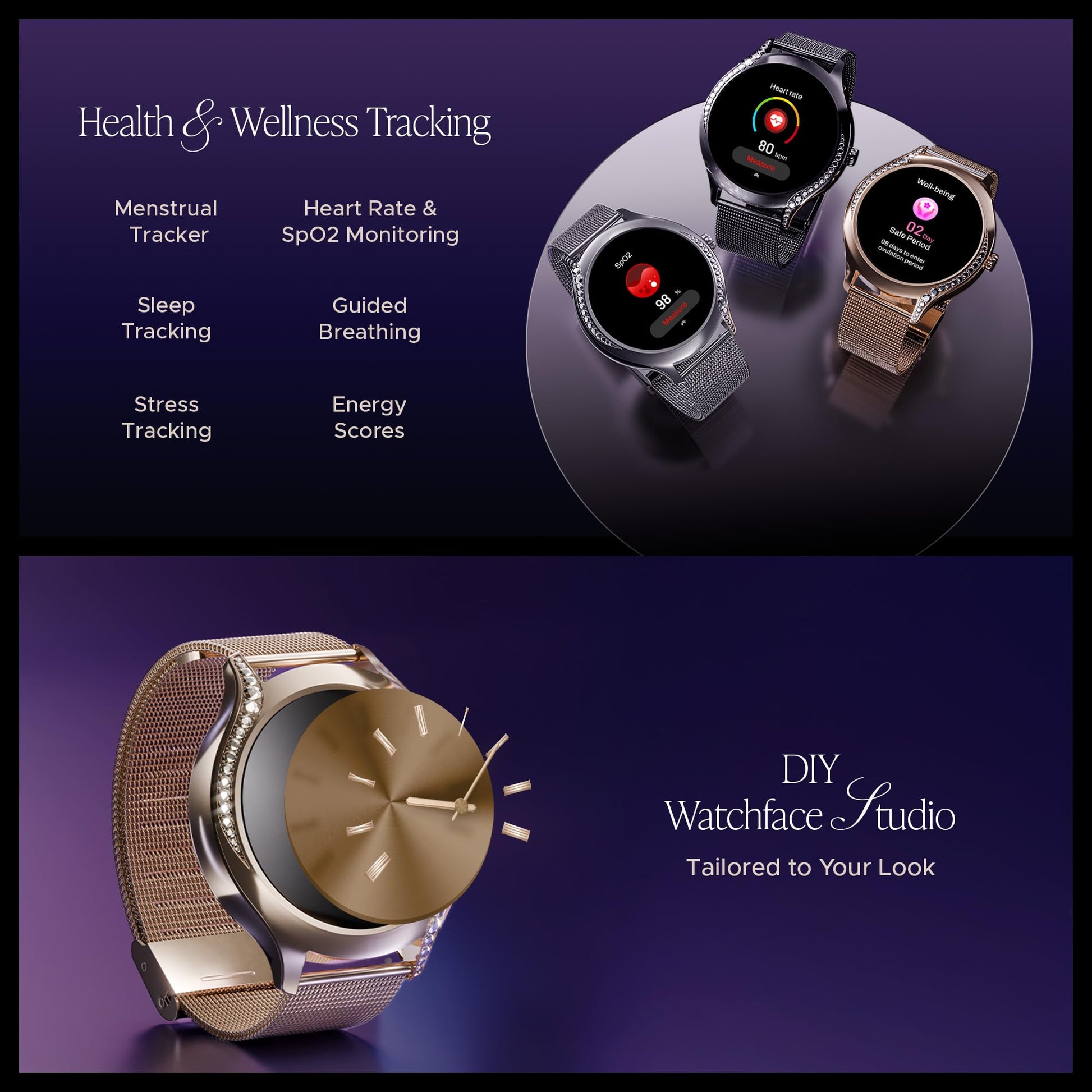 boAt Enigma Gem Women's Luxury Smart Watch w/ 1.19” (3.02cm) AMOLED Display, Emergency SOS Live Location Sharing, Watch Face Studio, QR Tray, BT Calling, 700+ Active Mode, HR & SpO2 (Rose Gold) 