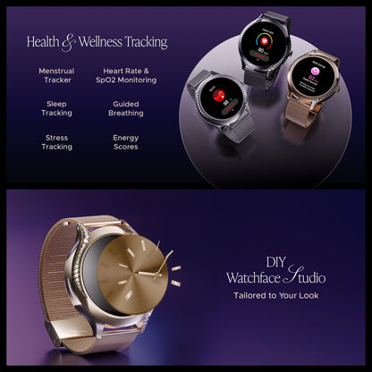 boAt Enigma Gem Women's Luxury Smart Watch w/ 1.19” (3.02cm) AMOLED Display, Emergency SOS Live Location Sharing, Watch Face Studio, QR Tray, BT Calling, 700+ Active Mode, HR & SpO2 (Rose Gold) 