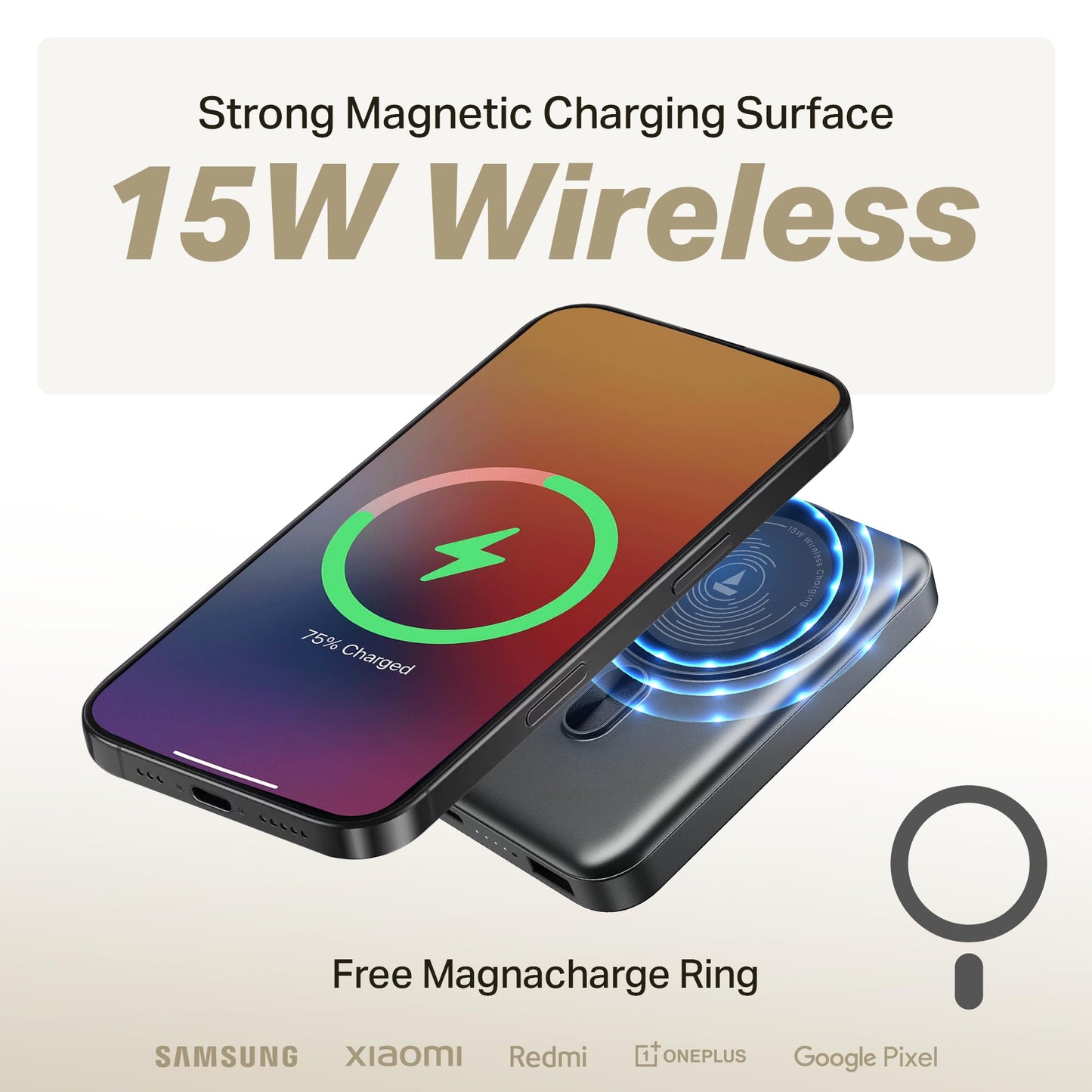 boAt New Launch EnergyShroom PB331 (Magsafe) 10000mAh Magnetic Wireless Powerbank, 15W Wireless & 22.5W Wired Charging for (iPhone 16,15,14,13 & 12, Android & Other Qi Enabled Devices) (Ash Black) 