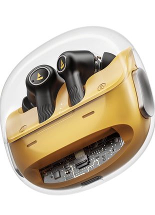 boAt New Launch Nirvana Crystl, Transparent Case,Spatial Audio, ANC(~32dB), 100Hrs Battery,4Mics ENx, Dual Pair,App Support, Bluetooth Earbuds, TWS Ear Buds Wireless Earphones with mic (Yellow Pop) 