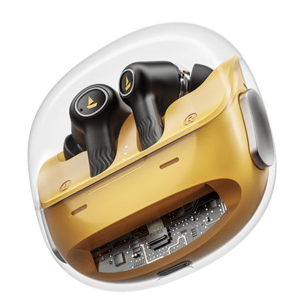 boAt New Launch Nirvana Crystl, Transparent Case,Spatial Audio, ANC(~32dB), 100Hrs Battery,4Mics ENx, Dual Pair,App Support, Bluetooth Earbuds, TWS Ear Buds Wireless Earphones with mic (Yellow Pop) 