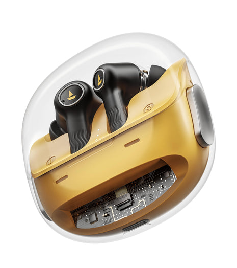 boAt New Launch Nirvana Crystl, Transparent Case,Spatial Audio, ANC(~32dB), 100Hrs Battery,4Mics ENx, Dual Pair,App Support, Bluetooth Earbuds, TWS Ear Buds Wireless Earphones with mic (Yellow Pop) 