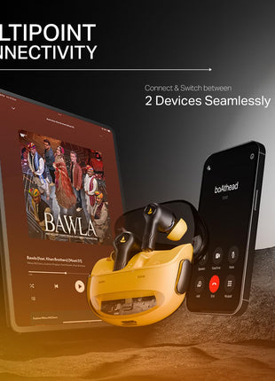 boAt New Launch Nirvana Crystl, Transparent Case,Spatial Audio, ANC(~32dB), 100Hrs Battery,4Mics ENx, Dual Pair,App Support, Bluetooth Earbuds, TWS Ear Buds Wireless Earphones with mic (Yellow Pop) 