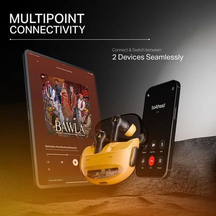 boAt New Launch Nirvana Crystl, Transparent Case,Spatial Audio, ANC(~32dB), 100Hrs Battery,4Mics ENx, Dual Pair,App Support, Bluetooth Earbuds, TWS Ear Buds Wireless Earphones with mic (Yellow Pop) 