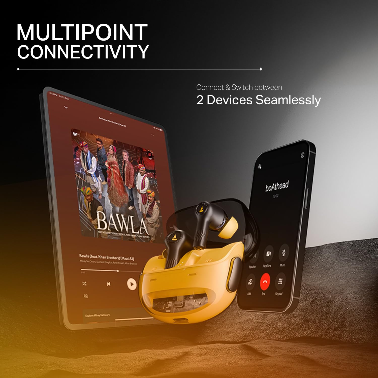 boAt New Launch Nirvana Crystl, Transparent Case,Spatial Audio, ANC(~32dB), 100Hrs Battery,4Mics ENx, Dual Pair,App Support, Bluetooth Earbuds, TWS Ear Buds Wireless Earphones with mic (Yellow Pop) 