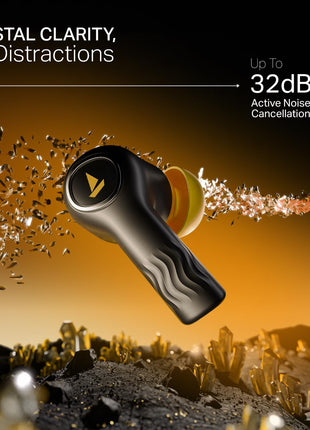 boAt New Launch Nirvana Crystl, Transparent Case,Spatial Audio, ANC(~32dB), 100Hrs Battery,4Mics ENx, Dual Pair,App Support, Bluetooth Earbuds, TWS Ear Buds Wireless Earphones with mic (Yellow Pop) 
