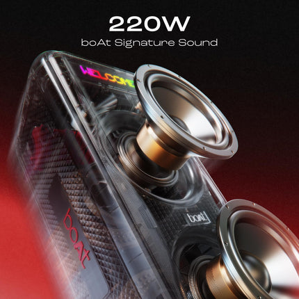 boAt New Launch PartyPal 600 Party Speaker, 220W Signature Sound, Dynamic Pixels, Animated Text Display, App Support, UHF Wireless Microphone, Colorful LEDs,7hrs Battery & Guitar Input(Premium Black) 