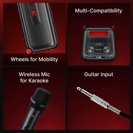 boAt New Launch PartyPal 600 Party Speaker, 220W Signature Sound, Dynamic Pixels, Animated Text Display, App Support, UHF Wireless Microphone, Colorful LEDs,7hrs Battery & Guitar Input(Premium Black) 