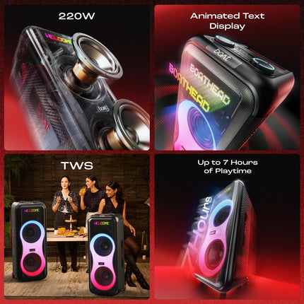 boAt New Launch PartyPal 600 Party Speaker, 220W Signature Sound, Dynamic Pixels, Animated Text Display, App Support, UHF Wireless Microphone, Colorful LEDs,7hrs Battery & Guitar Input(Premium Black) 