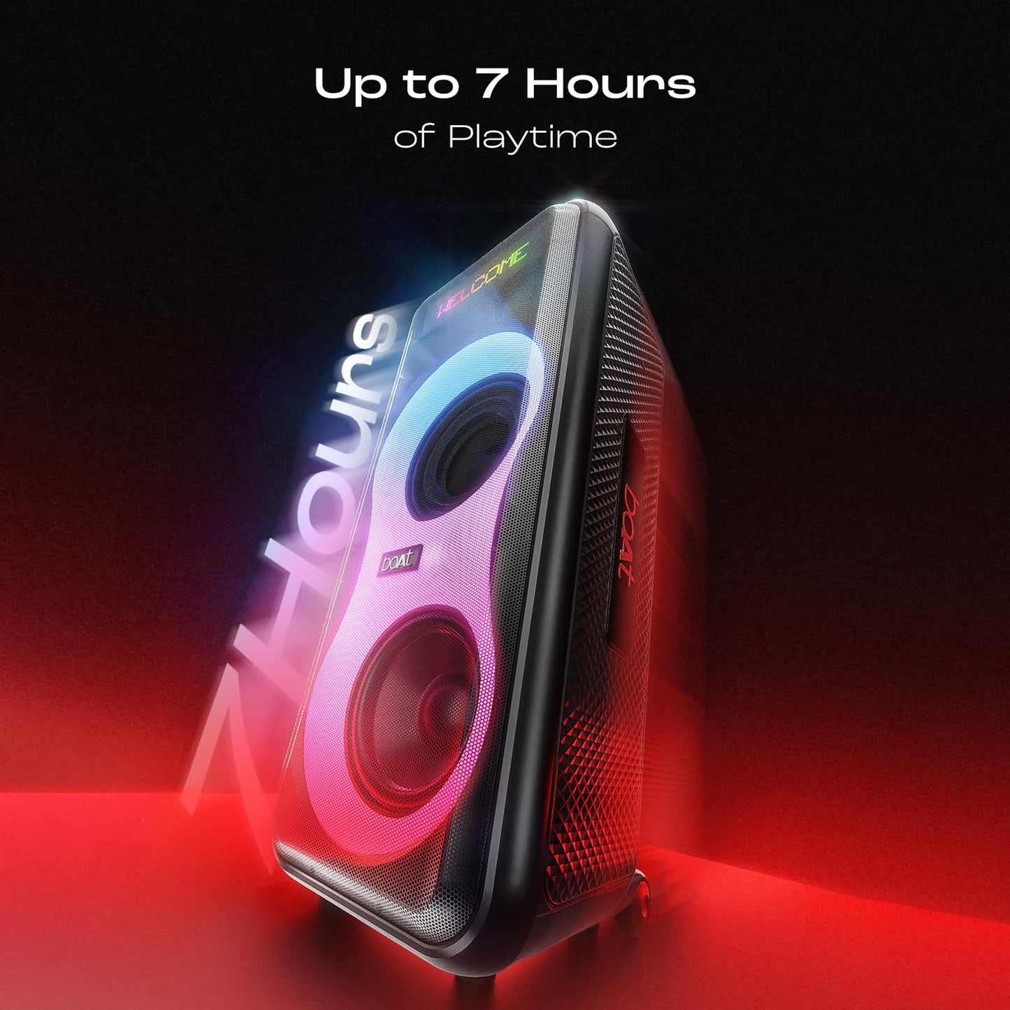 boAt New Launch PartyPal 600 Party Speaker, 220W Signature Sound, Dynamic Pixels, Animated Text Display, App Support, UHF Wireless Microphone, Colorful LEDs,7hrs Battery & Guitar Input(Premium Black) 