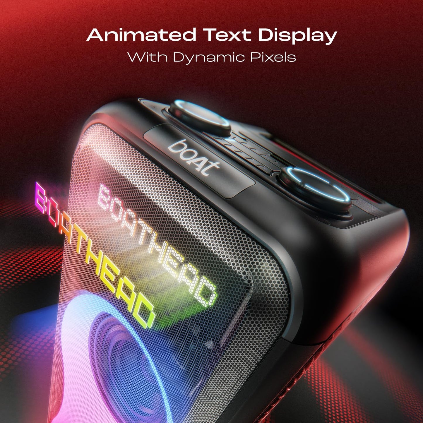boAt New Launch PartyPal 600 Party Speaker, 220W Signature Sound, Dynamic Pixels, Animated Text Display, App Support, UHF Wireless Microphone, Colorful LEDs,7hrs Battery & Guitar Input(Premium Black) 