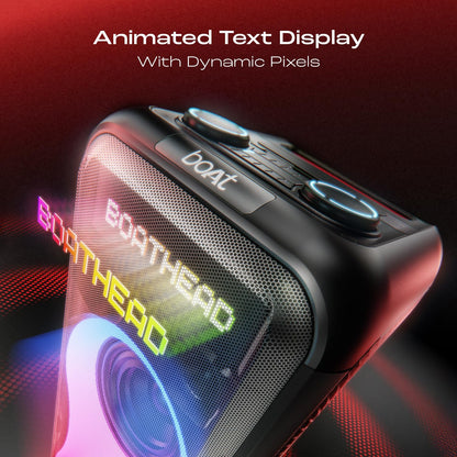 boAt New Launch PartyPal 600 Party Speaker, 220W Signature Sound, Dynamic Pixels, Animated Text Display, App Support, UHF Wireless Microphone, Colorful LEDs,7hrs Battery & Guitar Input(Premium Black) 