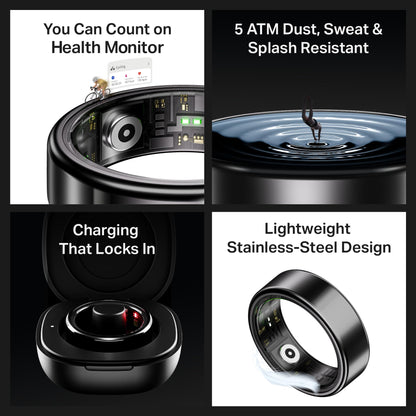 boAt New Launch SmartRing Active Plus, Auto Heart Rate, Sleep, SpO2, Stress & Skin Temperature Monitor, Stainless-Steel Build, Lightweight, 30-Days Battery, Magnetic Charging Case(9, Midnight Black) 