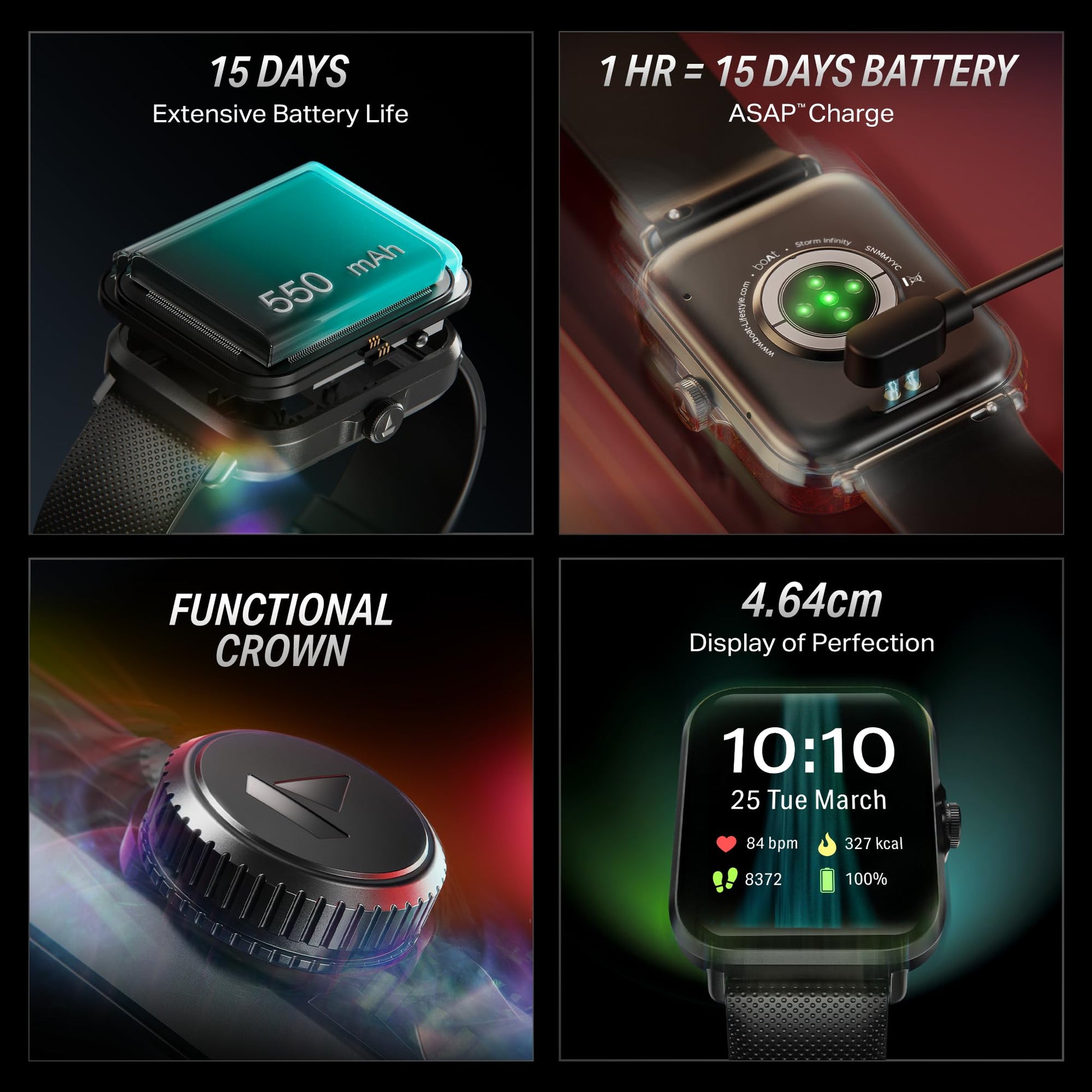 boAt New Launch Storm Infinity w/15 Days Extensive Battery fueled by Huge 550mAh Battery, Fast Charge, 1.83”(4.65cm)HD Display, Functional Crown, BT Calling, Smart watch for Men & Women (Active Black) 