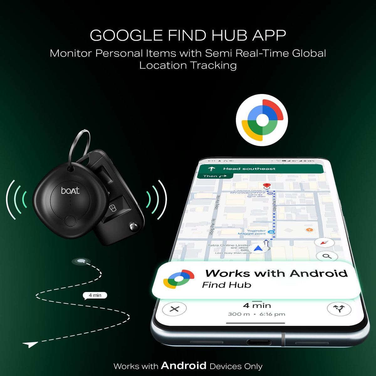 boAt Tag Bluetooth Item Finder for Android Devices, Google Find Hub App Support, 80dB Alarm, Additional Battery, 1 Year Battery (Black) 