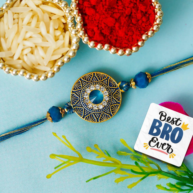 eCraftIndia Golden Blue Beads Diamond Designer Rakhi for Brother | Raksha Bandhan Rakhi for Bhaiya Bhabhi Bhai Kids | Best Bro Ever Fridge Magnet | Roli Chawal Pack 