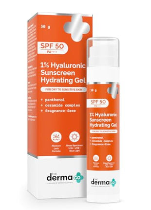 The Derma Co 1% Hyaluronic Sunscreen Hydrating Gel SPF 50 PA++++ | For Dry, Sensitive Skin | Lightweight Texture | No White Cast | UVA/UVB, Broad Spectrum Protection & Blue Light Protection | Non- Comedogenic | Clinically Tested - (In -Vivo) | Tan Protect 