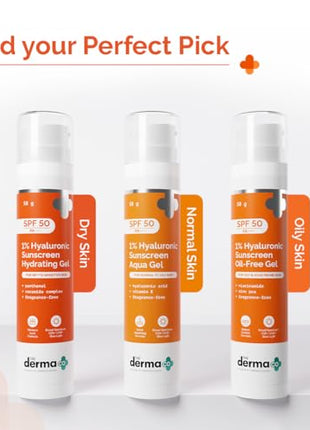 The Derma Co 1% Hyaluronic Sunscreen Hydrating Gel SPF 50 PA++++ | For Dry, Sensitive Skin | Lightweight Texture | No White Cast | UVA/UVB, Broad Spectrum Protection & Blue Light Protection | Non- Comedogenic | Clinically Tested - (In -Vivo) | Tan Protect 