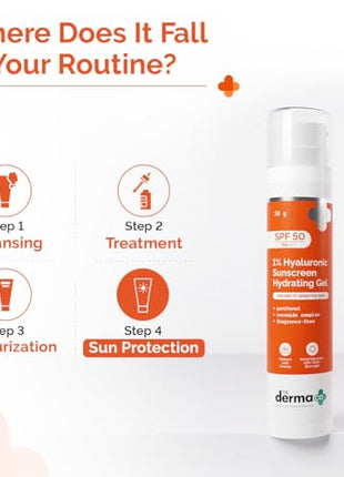 The Derma Co 1% Hyaluronic Sunscreen Hydrating Gel SPF 50 PA++++ | For Dry, Sensitive Skin | Lightweight Texture | No White Cast | UVA/UVB, Broad Spectrum Protection & Blue Light Protection | Non- Comedogenic | Clinically Tested - (In -Vivo) | Tan Protect 