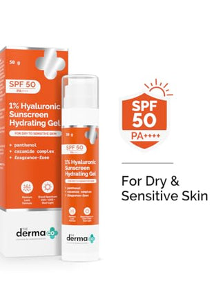 The Derma Co 1% Hyaluronic Sunscreen Hydrating Gel SPF 50 PA++++ | For Dry, Sensitive Skin | Lightweight Texture | No White Cast | UVA/UVB, Broad Spectrum Protection & Blue Light Protection | Non- Comedogenic | Clinically Tested - (In -Vivo) | Tan Protect 