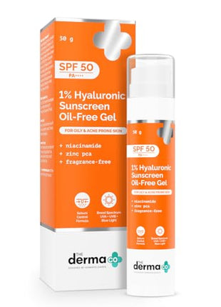 The Derma Co 1% Hyaluronic Sunscreen Oil-Free Gel SPF 50 PA++++ | For Oily, Acne-Prone Skin | Lightweight Texture | No White Cast | UVA/UVB, Broad Spectrum Protection & Blue Light Protection | Non- Comedogenic | Clinically Tested - (In -Vivo) | Tan Protec 