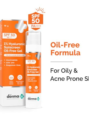 The Derma Co 1% Hyaluronic Sunscreen Oil-Free Gel SPF 50 PA++++ | For Oily, Acne-Prone Skin | Lightweight Texture | No White Cast | UVA/UVB, Broad Spectrum Protection & Blue Light Protection | Non- Comedogenic | Clinically Tested - (In -Vivo) | Tan Protec 