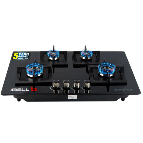 iBELL 590GH Gas Hob 4 Burner, Toughened Glass Top, with Auto Ignition and Premium Double Ring Forged Brass Burners (Black) 