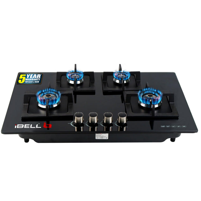 iBELL 590GH Gas Hob 4 Burner, Toughened Glass Top, with Auto Ignition and Premium Double Ring Forged Brass Burners (Black) 
