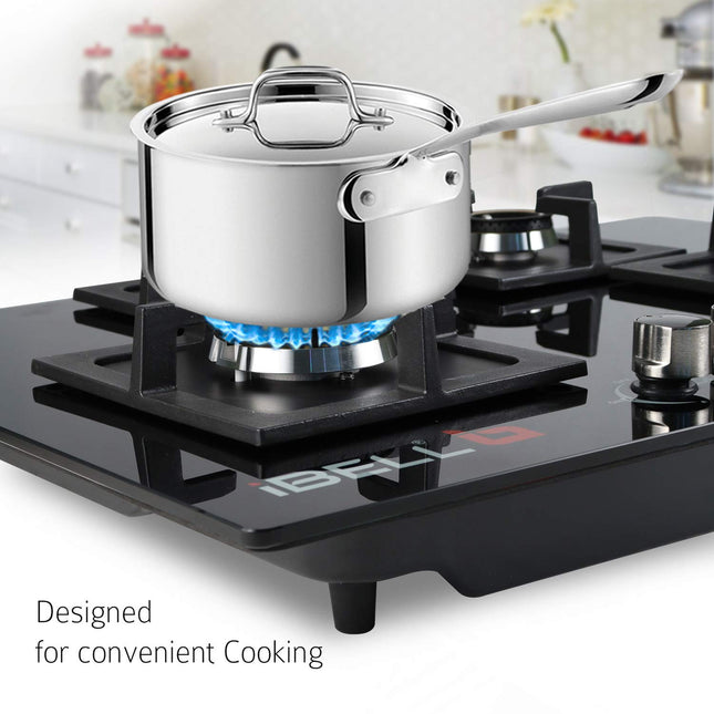 iBELL 590GH Gas Hob 4 Burner, Toughened Glass Top, with Auto Ignition and Premium Double Ring Forged Brass Burners (Black) 