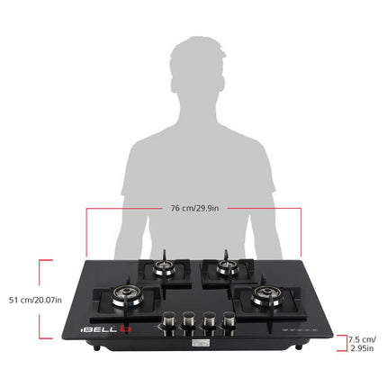 iBELL 590GH Gas Hob 4 Burner, Toughened Glass Top, with Auto Ignition and Premium Double Ring Forged Brass Burners (Black) 