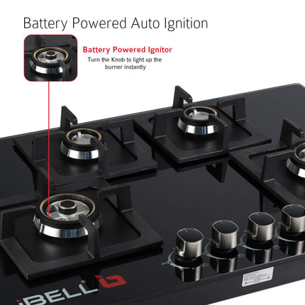 iBELL 590GH Gas Hob 4 Burner, Toughened Glass Top, with Auto Ignition and Premium Double Ring Forged Brass Burners (Black) 