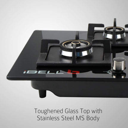 iBELL 590GH Gas Hob 4 Burner, Toughened Glass Top, with Auto Ignition and Premium Double Ring Forged Brass Burners (Black) 