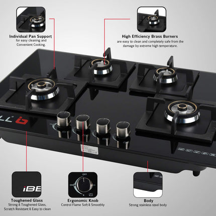 iBELL 590GH Gas Hob 4 Burner, Toughened Glass Top, with Auto Ignition and Premium Double Ring Forged Brass Burners (Black) 