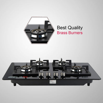 iBELL 590GH Gas Hob 4 Burner, Toughened Glass Top, with Auto Ignition and Premium Double Ring Forged Brass Burners (Black) 