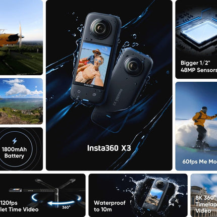 insta360 X3 Action Camera, 1/2" Sensor, 5.7K 360 Capture, Optical Zoom 3X, 72 MP 360 Photo, 4K Single Lens Mode, Black 