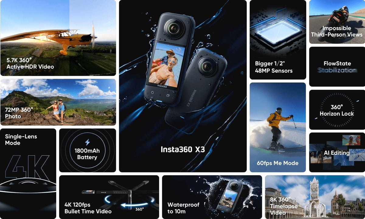insta360 X3 Action Camera, 1/2" Sensor, 5.7K 360 Capture, Optical Zoom 3X, 72 MP 360 Photo, 4K Single Lens Mode, Black 