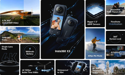 insta360 X3 Action Camera, 1/2" Sensor, 5.7K 360 Capture, Optical Zoom 3X, 72 MP 360 Photo, 4K Single Lens Mode, Black 