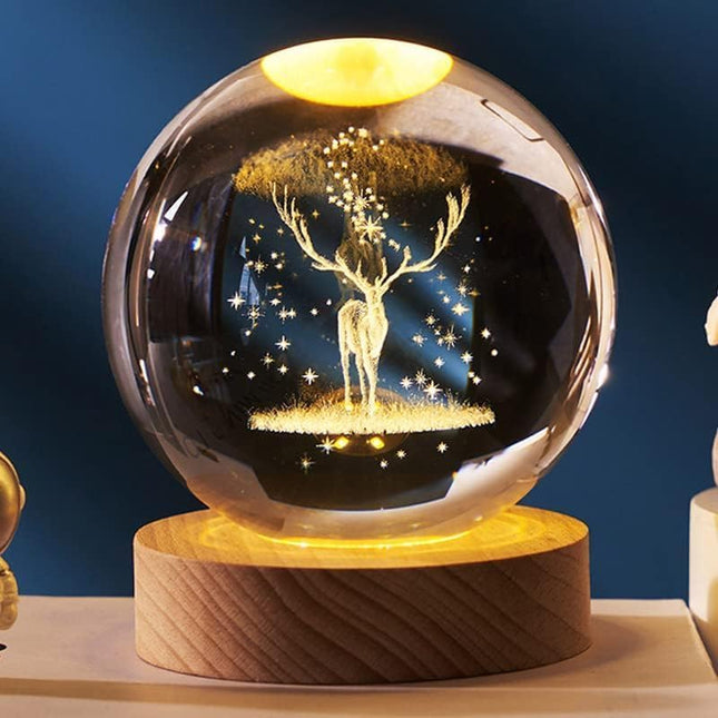 inulec 3D Galaxy Crystal Ball Night Light | Dimmable Engraved LED Glass Ball Table Lamp with USB and Wooden Base for Home Decor, Office, Birthday Gift & Kids Bedroom, 3D Galaxy Lamp Ball (Deer) 