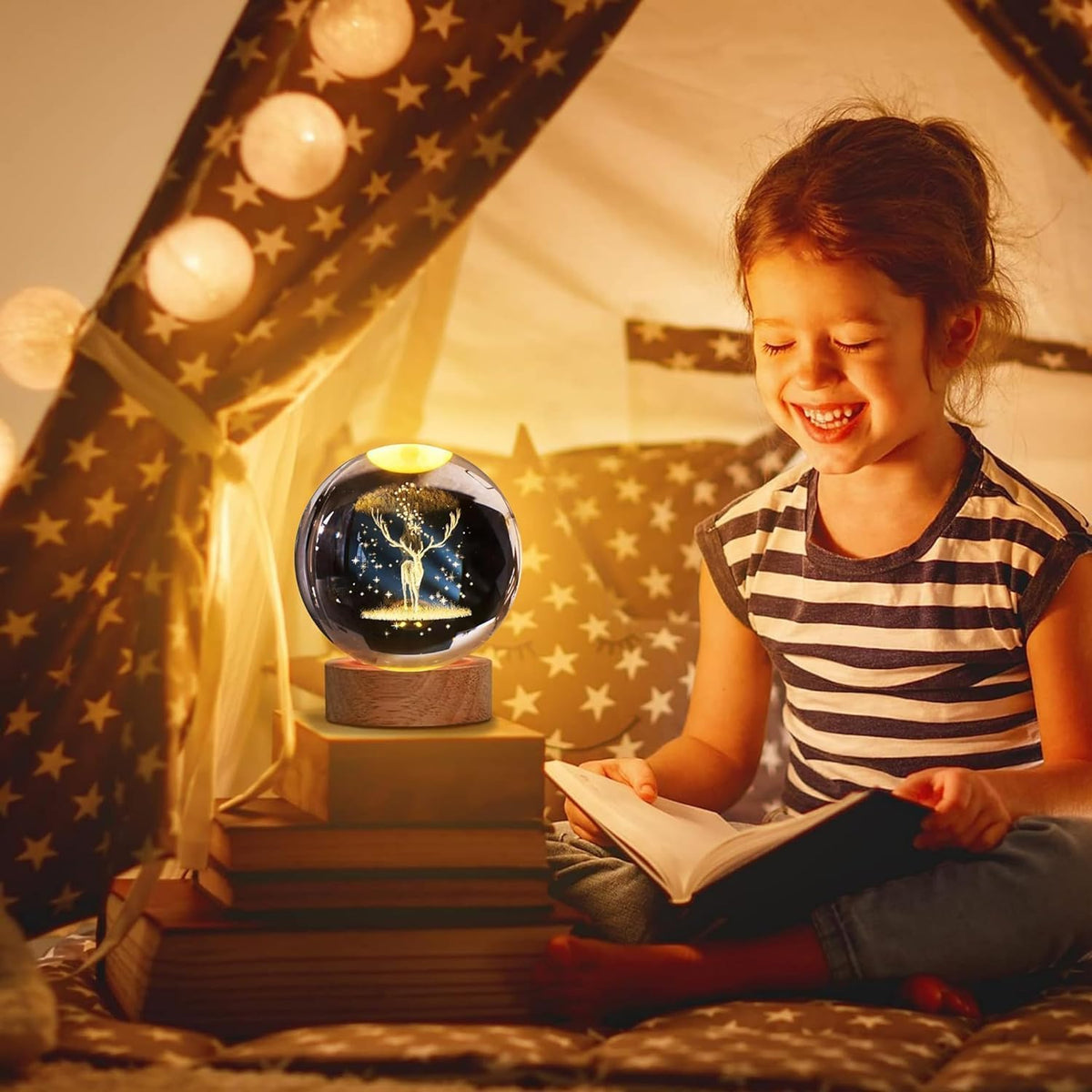 inulec 3D Galaxy Crystal Ball Night Light | Dimmable Engraved LED Glass Ball Table Lamp with USB and Wooden Base for Home Decor, Office, Birthday Gift & Kids Bedroom, 3D Galaxy Lamp Ball (Deer) 