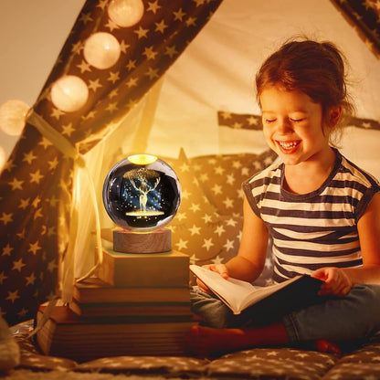 inulec 3D Galaxy Crystal Ball Night Light | Dimmable Engraved LED Glass Ball Table Lamp with USB and Wooden Base for Home Decor, Office, Birthday Gift & Kids Bedroom, 3D Galaxy Lamp Ball (Deer) 