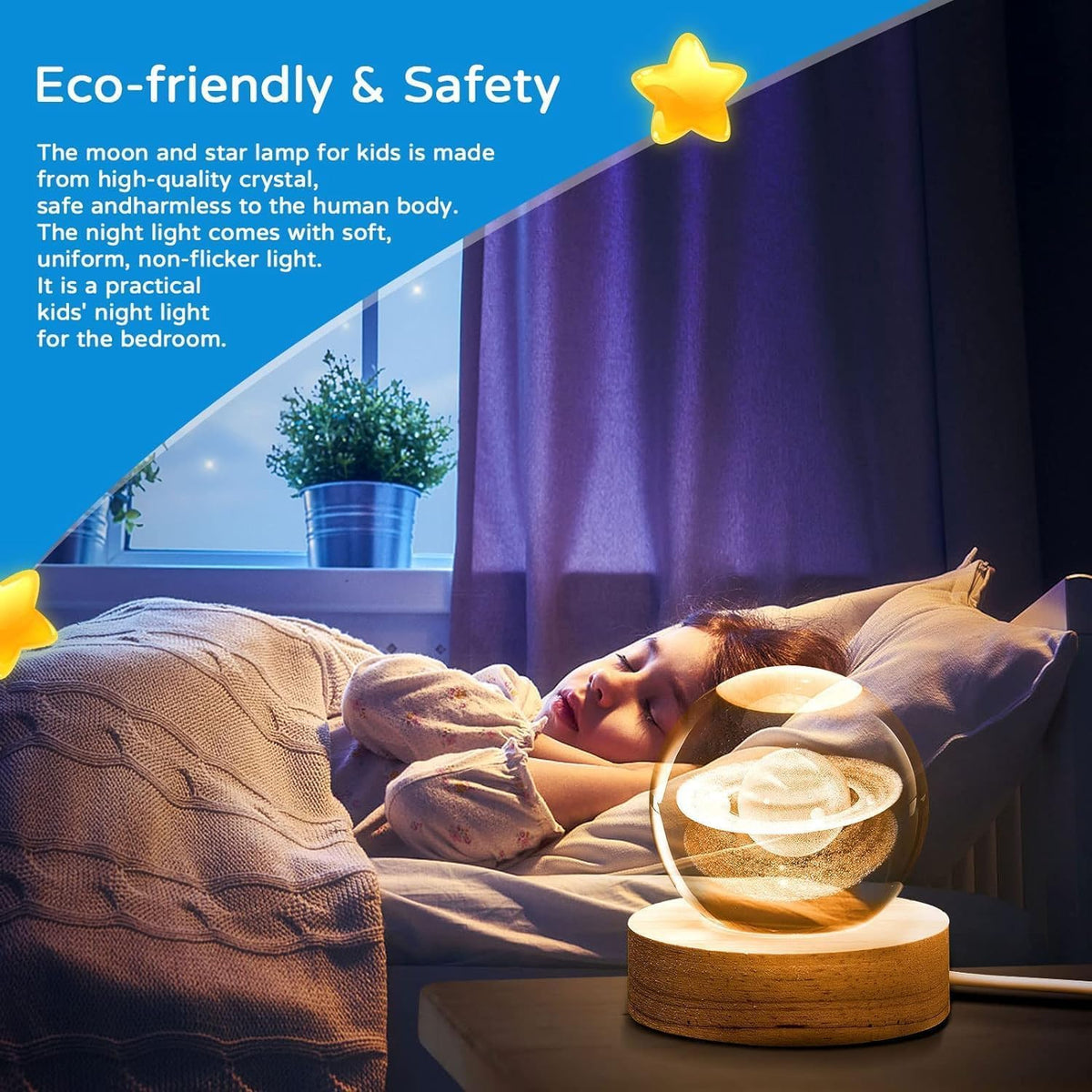 inulec 3D Galaxy Crystal Ball Night Light | Dimmable Engraved LED Glass Ball Table Lamp with USB and Wooden Base for Home Decor, Office, Birthday Gift & Kids Bedroom, 3D Galaxy Lamp Ball (Deer) 