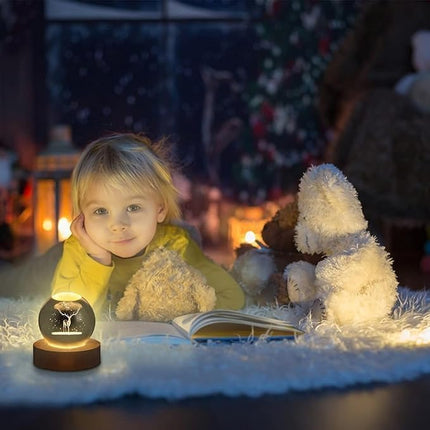 inulec 3D Galaxy Crystal Ball Night Light | Dimmable Engraved LED Glass Ball Table Lamp with USB and Wooden Base for Home Decor, Office, Birthday Gift & Kids Bedroom, 3D Galaxy Lamp Ball (Deer) 