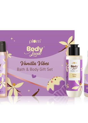 Plum BodyLovin' Vanilla Vibes Bath & Body Gift Set | Body Wash | Body Mist | Body Oil | Long-Lasting Warm Vanilla Fragrance | Gift Set For Women | Gifting For Birthday, Valentine's, Anniversary, Rakhi & Special Occasions| Premium Gift Packaging | Pack Of 